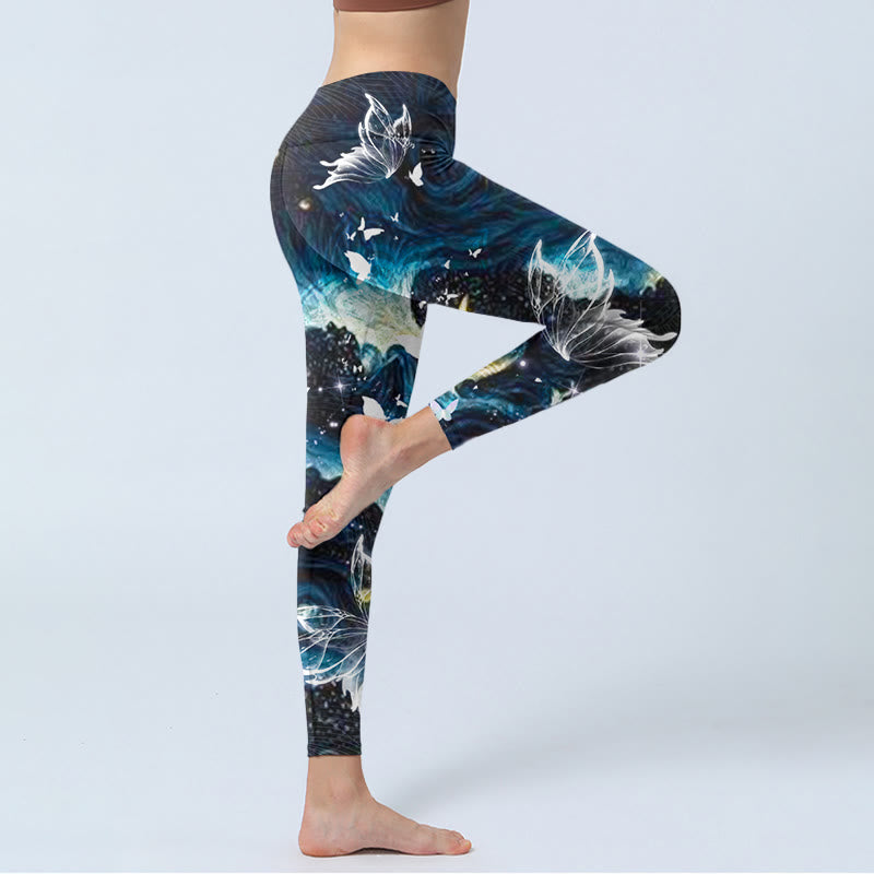 Buddha Stonesブルー バタフライ ウォーターウェーブ ムーンプリント ジムレギンス レディース ヨガパンツ - image 3