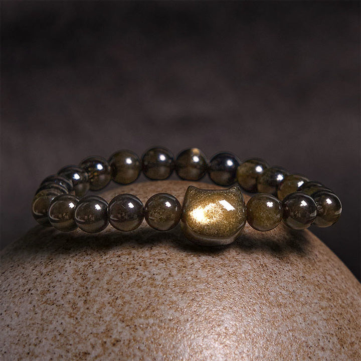 Buddha Stones金色光沢黒曜石 銀色光沢黒曜石 愛らしい足跡 招き猫守護ブレスレット - image 4