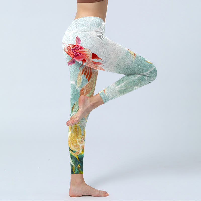 Buddha Stones、緑の鯉、白い蓮の水の波紋プリントのジムレギンス、レディースヨガパンツ - image 3