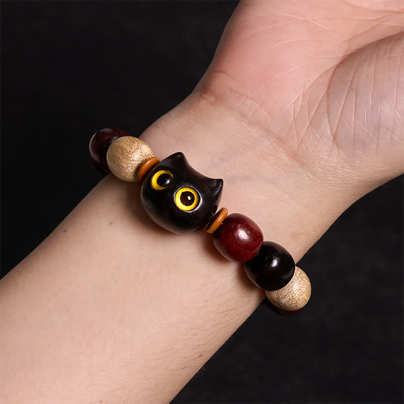 Buddha Stones小葉紫檀黒檀かわいい猫 彫刻守護ブレスレット - image 4
