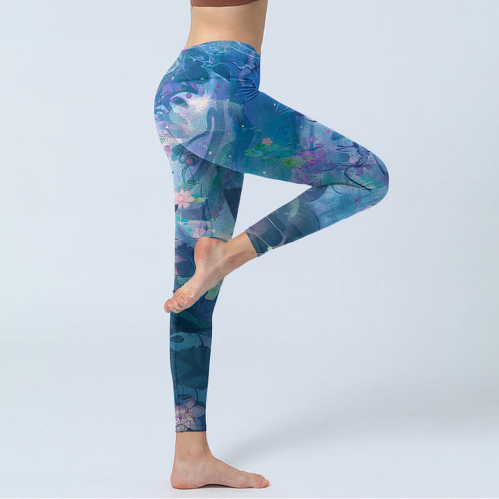 Buddha Stones、蓮の花、葉、鳥のジムレギンス、レディースヨガパンツ - image 3