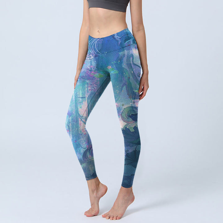Buddha Stones、蓮の花、葉、鳥のジムレギンス、レディースヨガパンツ - ロイヤルブルー - US18、 UK/AU22、 EU50 (4XL) - image 0
