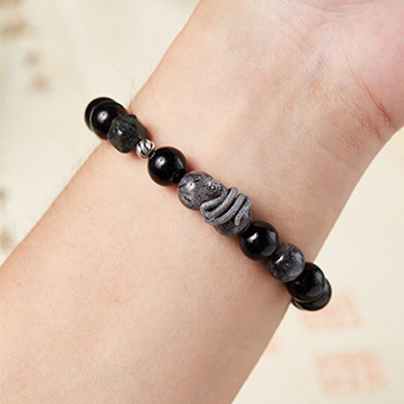 Buddha Stonesブラックオブシディアン ブラックルチルクォーツ 925スターリングシルバー 蛇年浄化ブレスレット - image 3