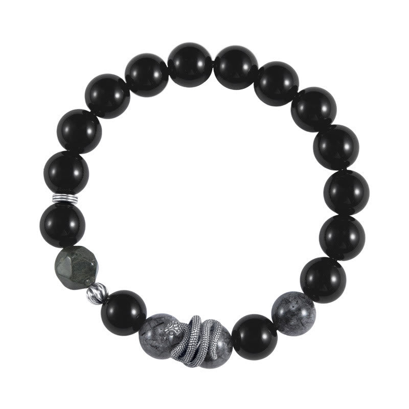 Buddha Stonesブラックオブシディアン ブラックルチルクォーツ 925スターリングシルバー 蛇年浄化ブレスレット - image 4