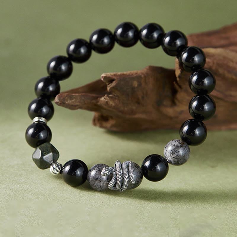 Buddha Stonesブラックオブシディアン ブラックルチルクォーツ 925スターリングシルバー 蛇年浄化ブレスレット - image 1