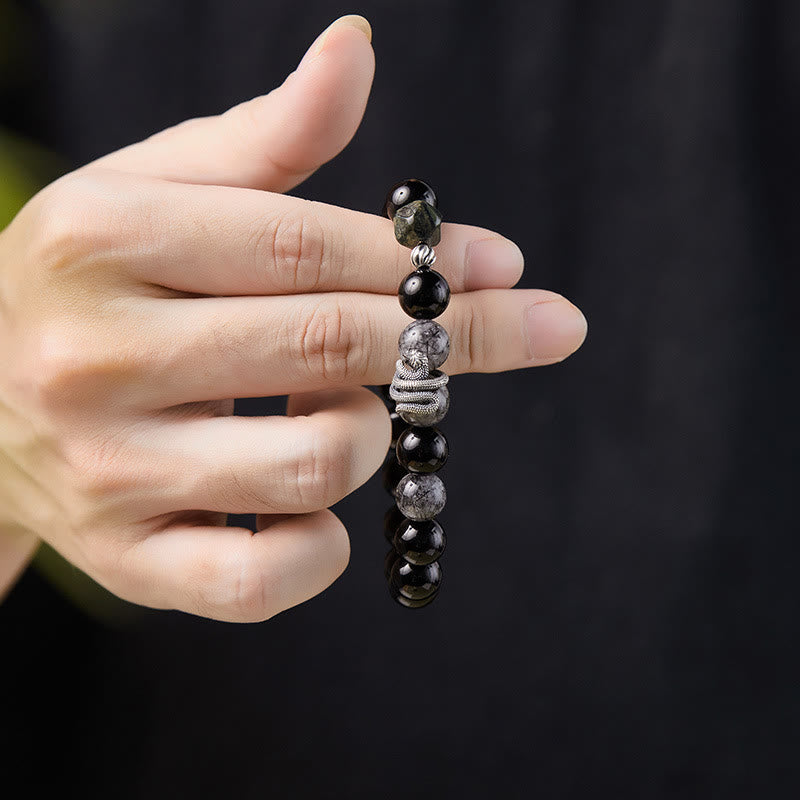 Buddha Stonesブラックオブシディアン ブラックルチルクォーツ 925スターリングシルバー 蛇年浄化ブレスレット - image 2