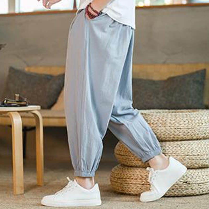 Buddha Stones無地 レッド ドローストリング リネン メンズ パンツ ポケット付き - image 27