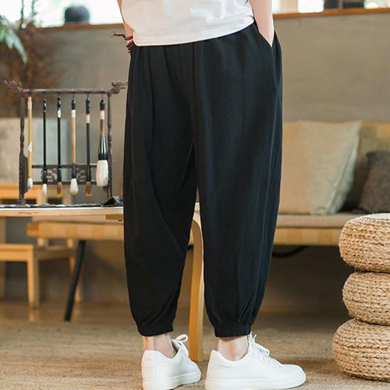 Buddha Stones無地 レッド ドローストリング リネン メンズ パンツ ポケット付き - image 20