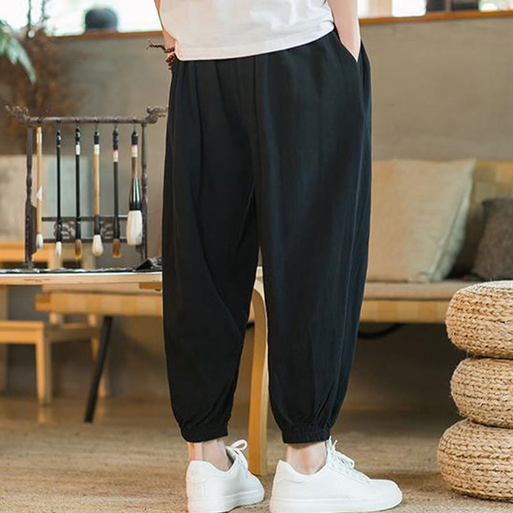 Buddha Stones無地 レッド ドローストリング リネン メンズ パンツ ポケット付き - image 20