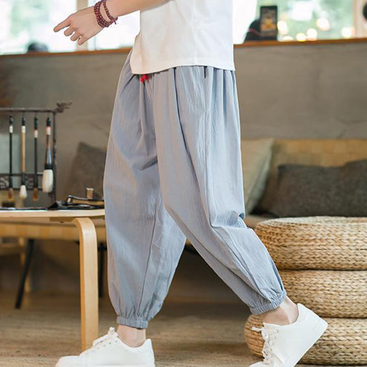 Buddha Stones無地 レッド ドローストリング リネン メンズ パンツ ポケット付き - image 28