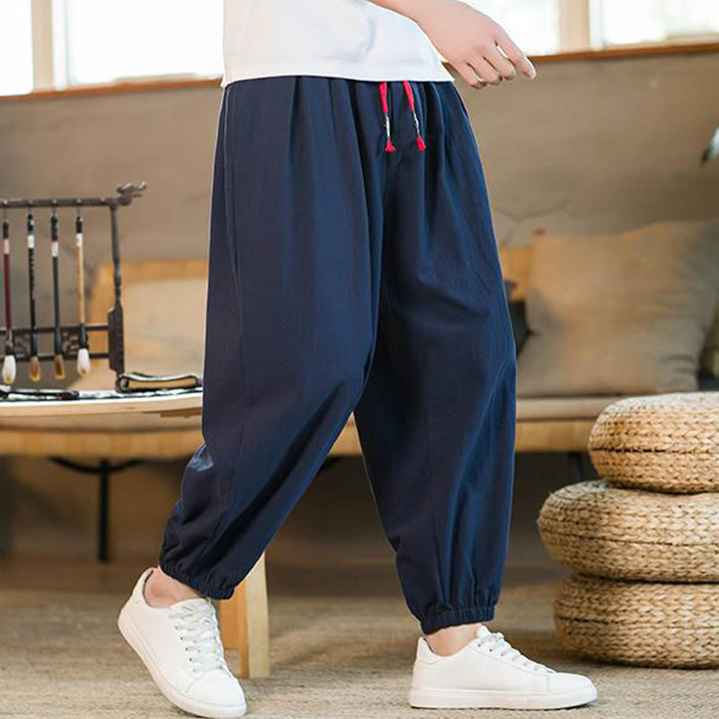 Buddha Stones無地 レッド ドローストリング リネン メンズ パンツ ポケット付き - image 33