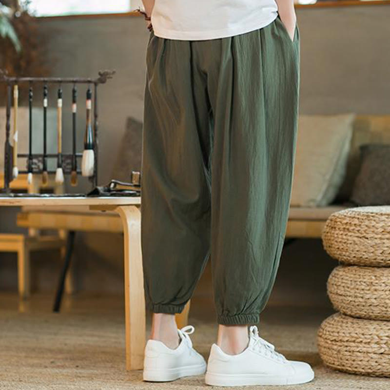 Buddha Stones無地 レッド ドローストリング リネン メンズ パンツ ポケット付き - image 5