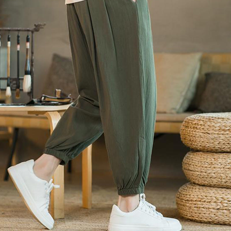 Buddha Stones無地 レッド ドローストリング リネン メンズ パンツ ポケット付き - image 10