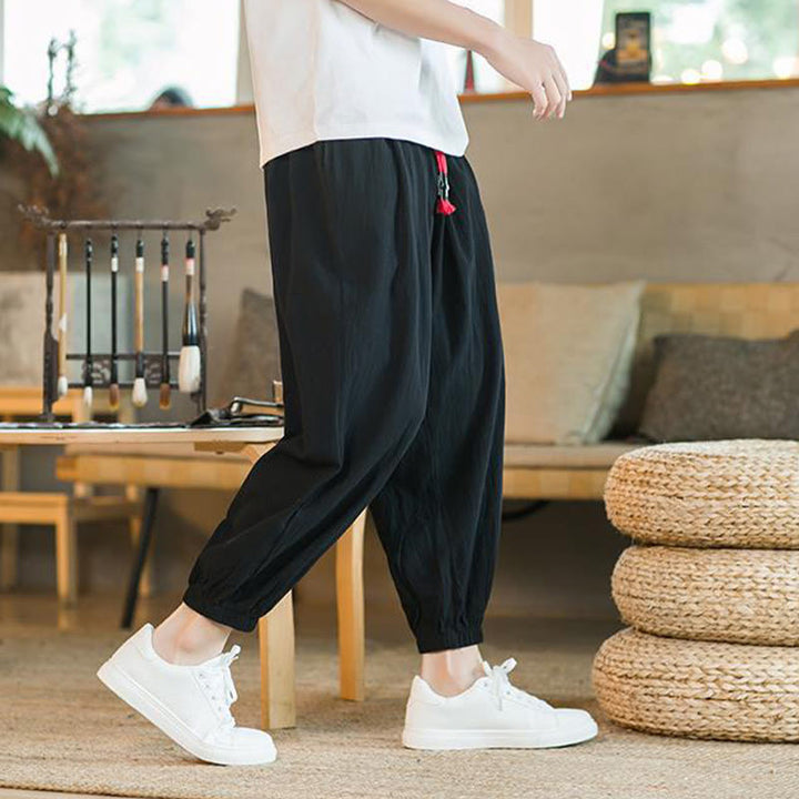 Buddha Stones無地 レッド ドローストリング リネン メンズ パンツ ポケット付き - image 19