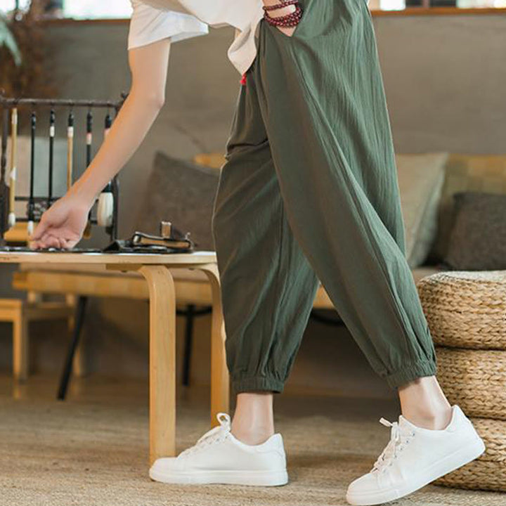 Buddha Stones無地 レッド ドローストリング リネン メンズ パンツ ポケット付き - image 9