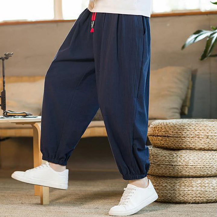 Buddha Stones無地 レッド ドローストリング リネン メンズ パンツ ポケット付き - image 35