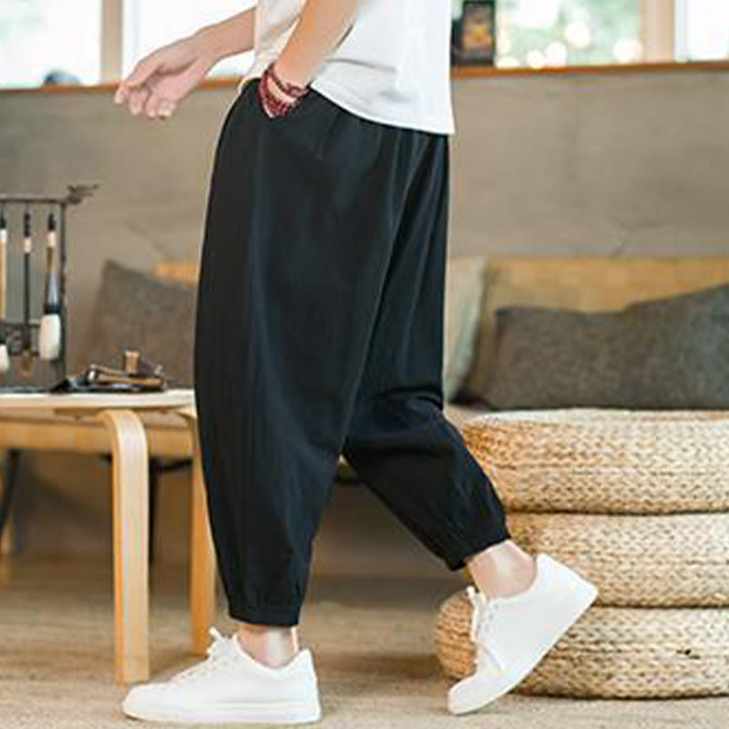 Buddha Stones無地 レッド ドローストリング リネン メンズ パンツ ポケット付き - image 17