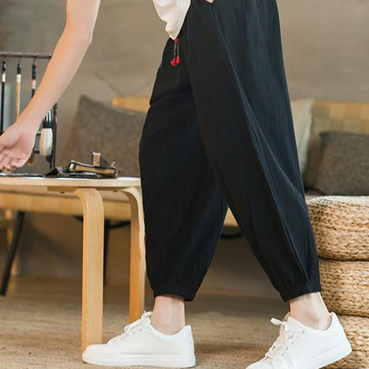 Buddha Stones無地 レッド ドローストリング リネン メンズ パンツ ポケット付き - image 16