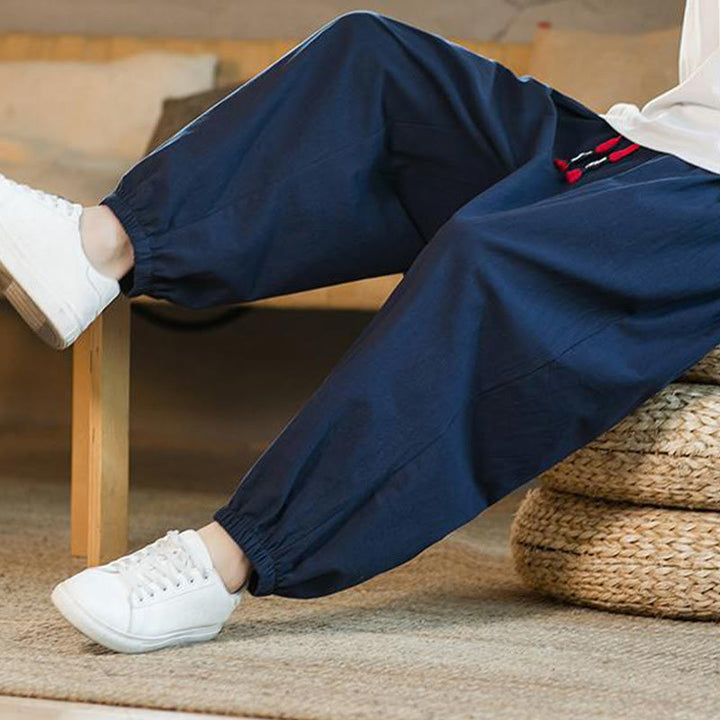 Buddha Stones無地 レッド ドローストリング リネン メンズ パンツ ポケット付き - image 36