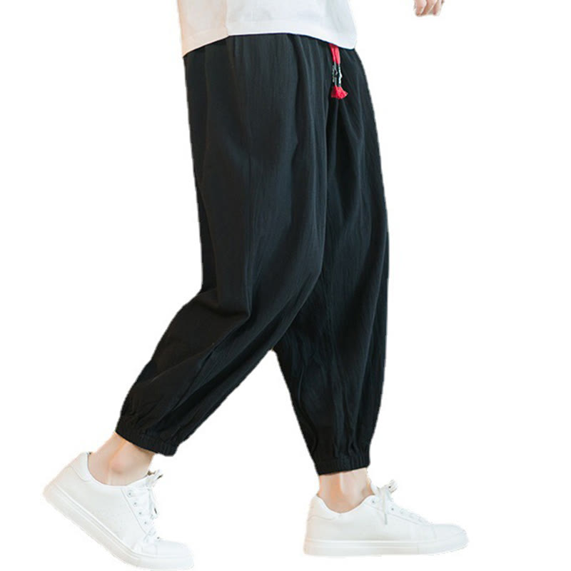 Buddha Stones無地 レッド ドローストリング リネン メンズ パンツ ポケット付き - image 22