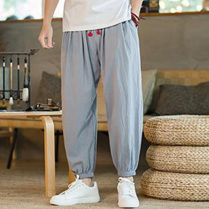 Buddha Stones無地 レッド ドローストリング リネン メンズ パンツ ポケット付き - ライトスカイブルー - US/UK/AU46、 EU56 (5XL)  - image 23