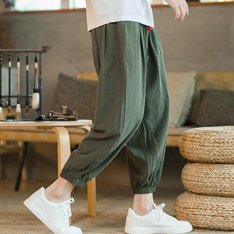 Buddha Stones無地 レッド ドローストリング リネン メンズ パンツ ポケット付き - image 7