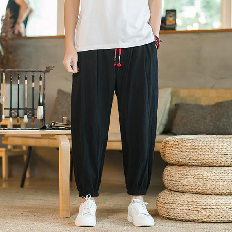 Buddha Stones無地 レッド ドローストリング リネン メンズ パンツ ポケット付き - 黒 - US/UK/AU46、 EU56 (5XL)  - image 12