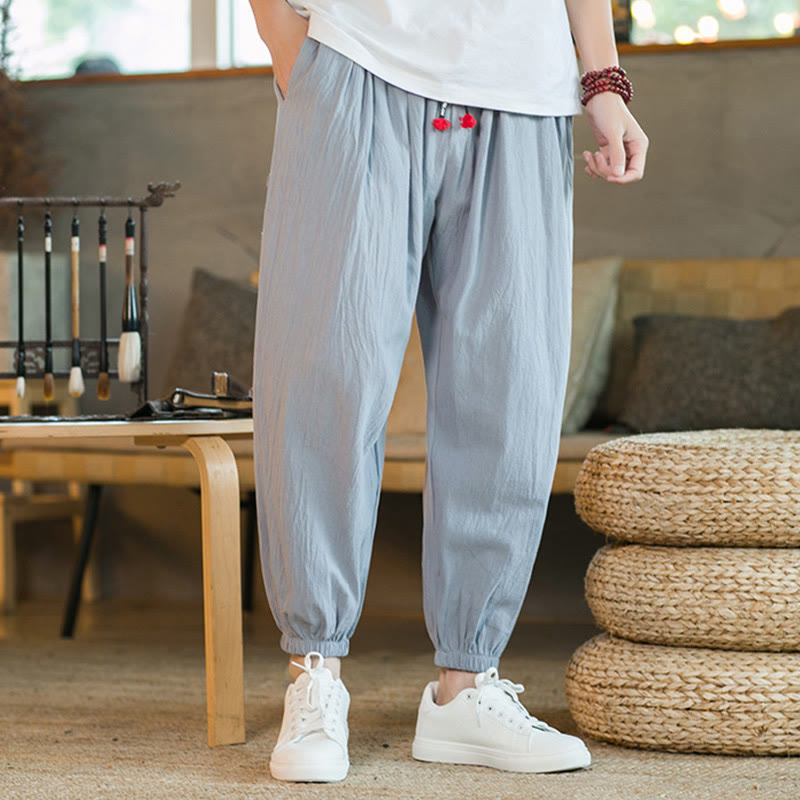 Buddha Stones無地 レッド ドローストリング リネン メンズ パンツ ポケット付き - image 24