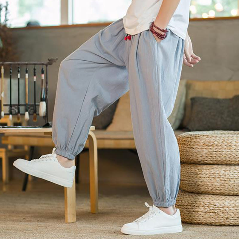 Buddha Stones無地 レッド ドローストリング リネン メンズ パンツ ポケット付き - image 25