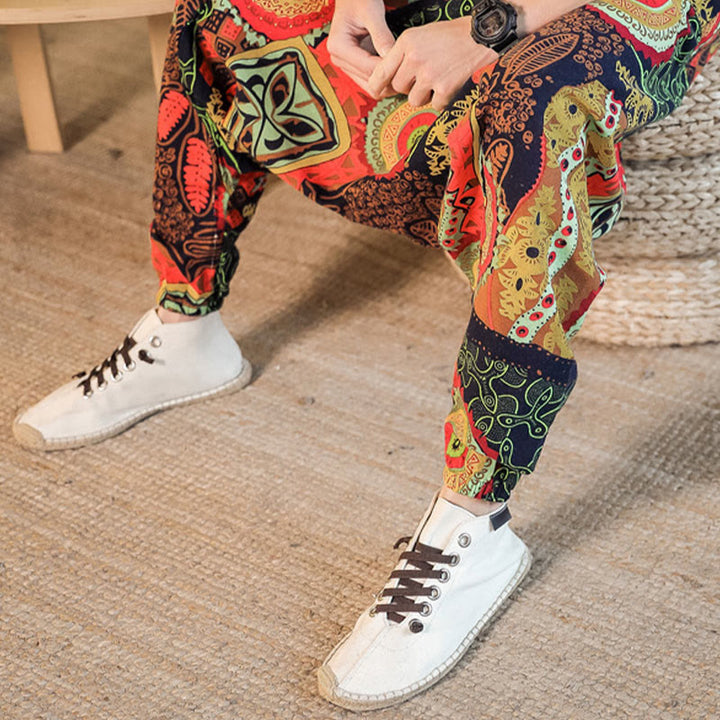 Buddha Stonesレッドゴールド カジュアルリーフプリント コットン メンズ ハーレムパンツ ポケット付き - image 6