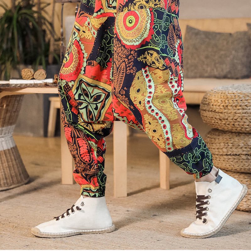 Buddha Stonesレッドゴールド カジュアルリーフプリント コットン メンズ ハーレムパンツ ポケット付き - image 4