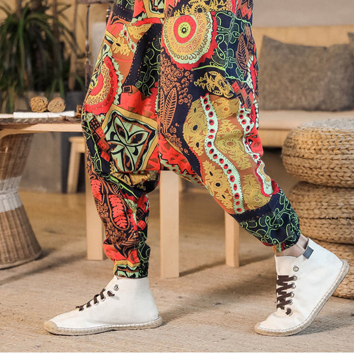 Buddha Stonesレッドゴールド カジュアルリーフプリント コットン メンズ ハーレムパンツ ポケット付き - image 4