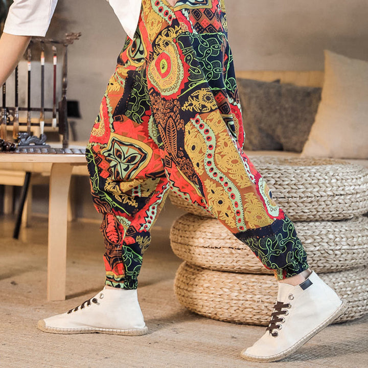 Buddha Stonesレッドゴールド カジュアルリーフプリント コットン メンズ ハーレムパンツ ポケット付き - image 2