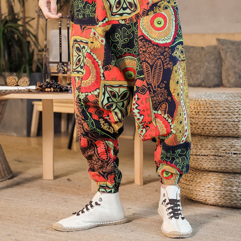 Buddha Stonesレッドゴールド カジュアルリーフプリント コットン メンズ ハーレムパンツ ポケット付き - image 5