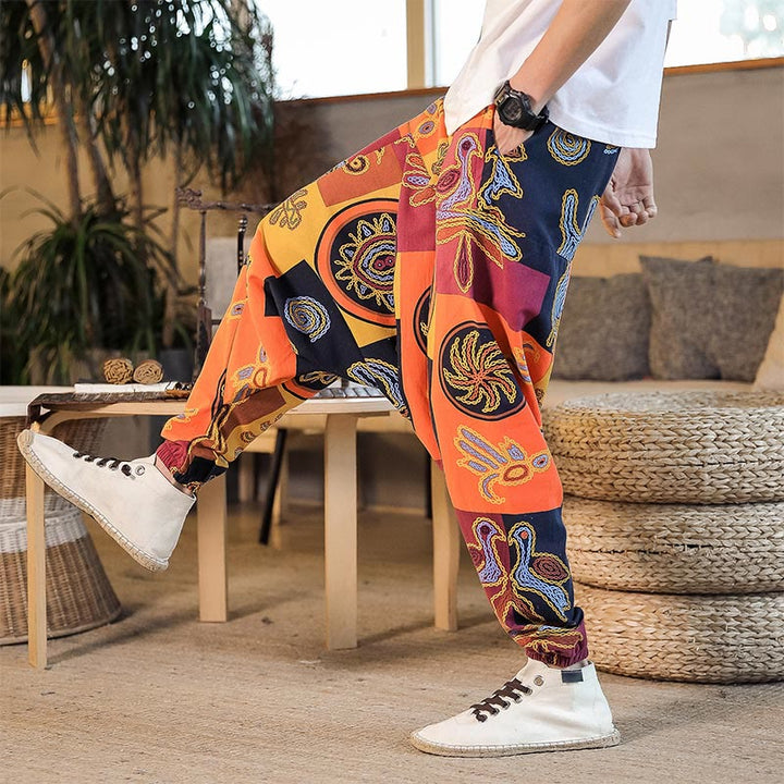 Buddha Stones格子花柄プリント メンズ ハーレムクロップドパンツ（ポケット付き） - image 15