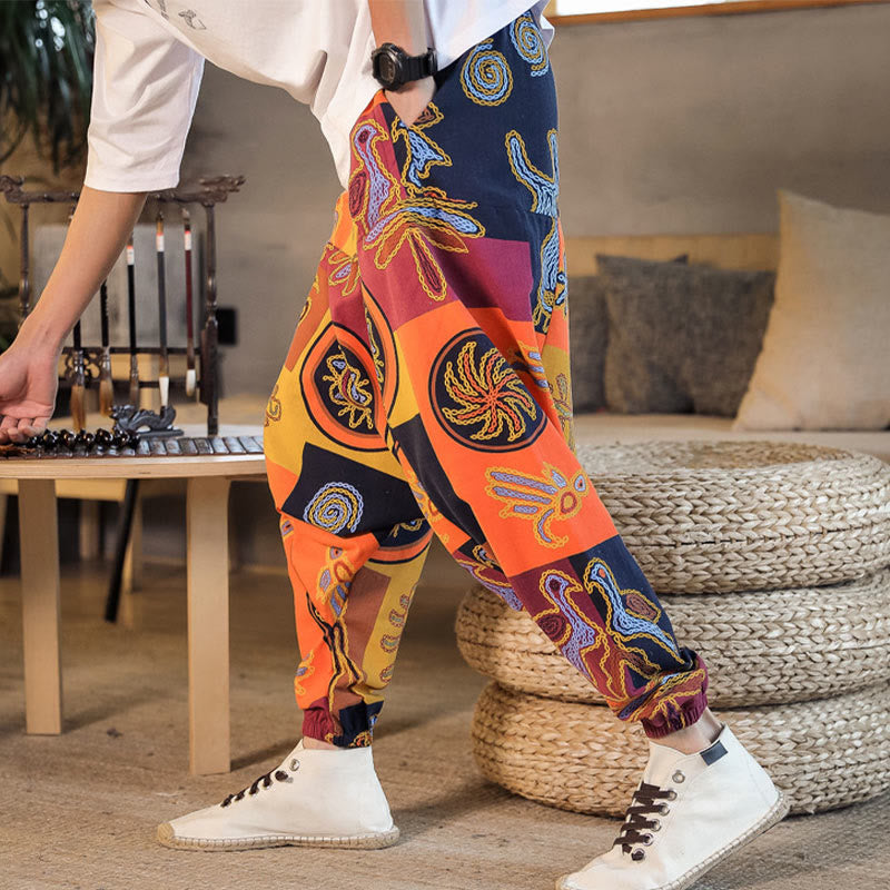 Buddha Stones格子花柄プリント メンズ ハーレムクロップドパンツ（ポケット付き） - image 14