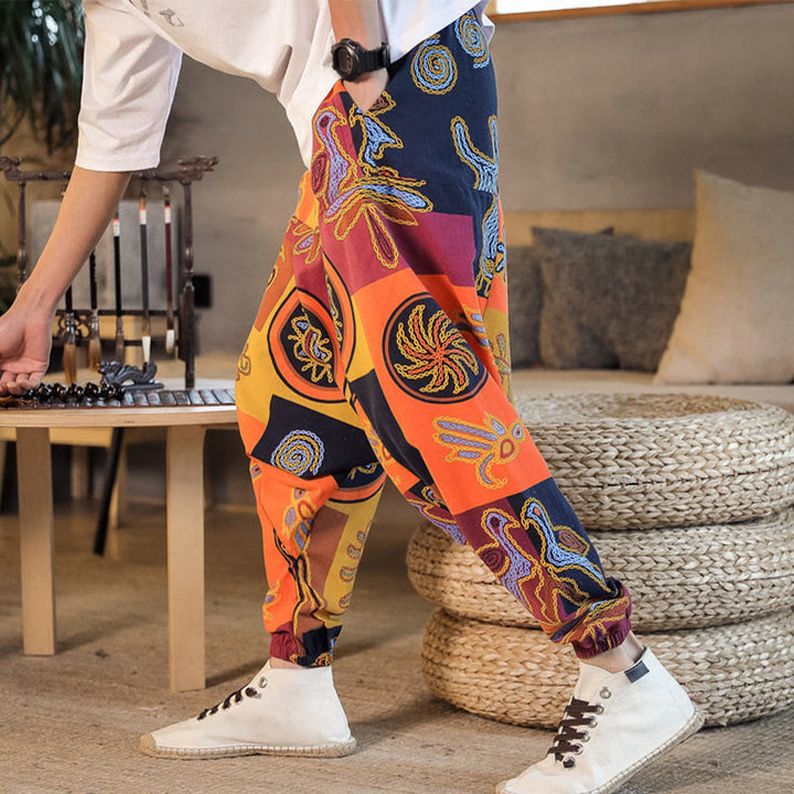 Buddha Stones格子花柄プリント メンズ ハーレムクロップドパンツ（ポケット付き） - image 14