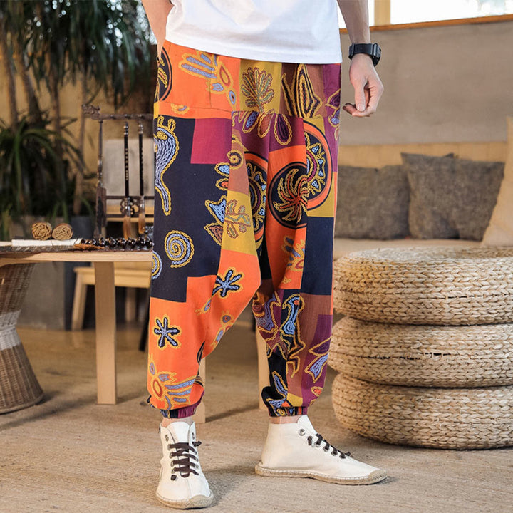 Buddha Stones格子花柄プリント メンズ ハーレムクロップドパンツ（ポケット付き） - image 12