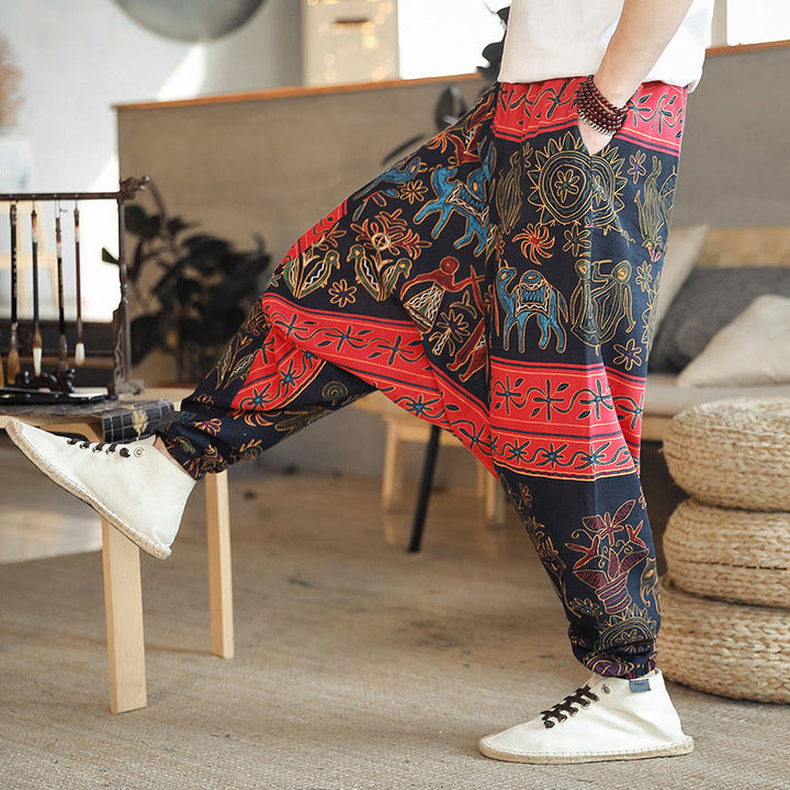 Buddha Stonesカラフル ラクダ柄 コットン メンズ ハーレムパンツ ポケット付き - 黒 - US/UK/AU42、 EU52 (3XL) - image 0