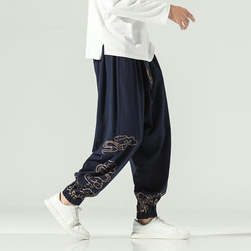 Buddha Stonesと吉兆の雲柄コットンリネンメンズドローストリングハーレムパンツ（ポケット付き） - image 12
