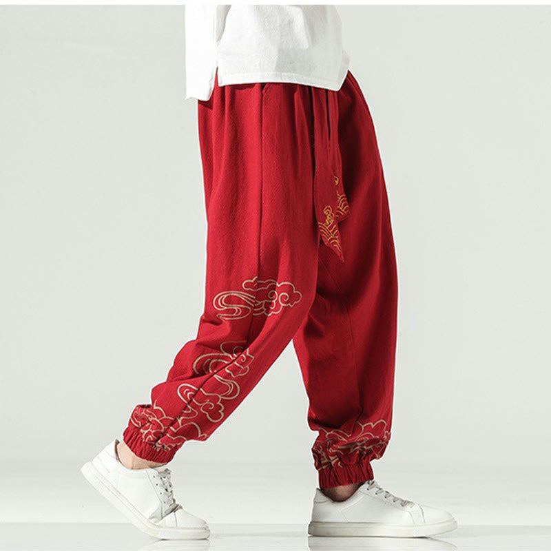 Buddha Stonesと吉兆の雲柄コットンリネンメンズドローストリングハーレムパンツ（ポケット付き） - image 21