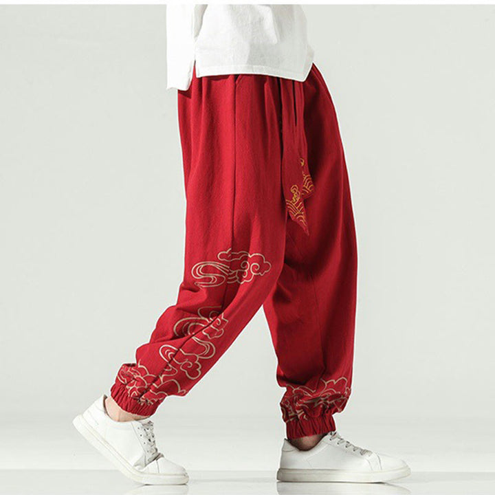 Buddha Stonesと吉兆の雲柄コットンリネンメンズドローストリングハーレムパンツ（ポケット付き） - image 21
