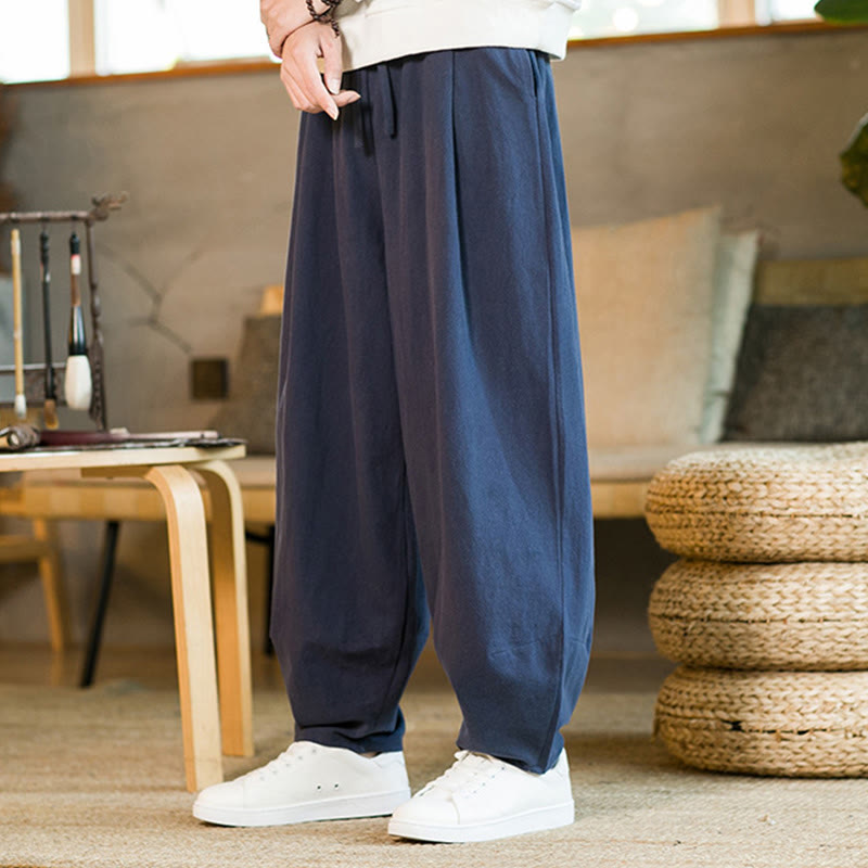 Buddha Stones無地コットンリネン ドローストリング メンズ ハーレムパンツ ポケット付き - image 4