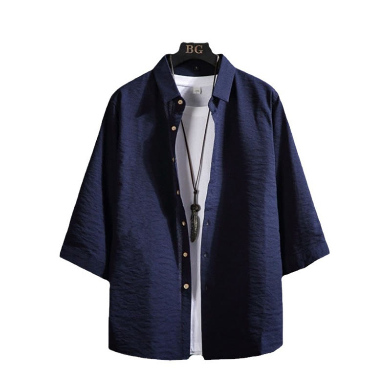 Buddha Stonesカジュアル 無地 フロントボタン 七分袖 メンズシャツ - image 18