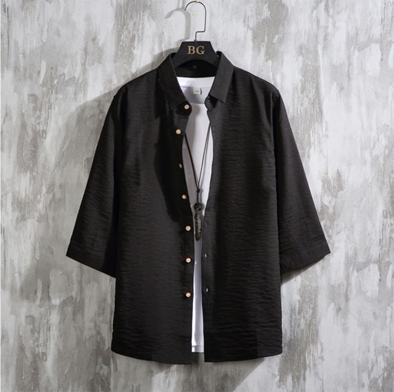 Buddha Stonesカジュアル 無地 フロントボタン 七分袖 メンズシャツ - 黒 - US/UK/AU50、 EU60 (7XL) - image 12