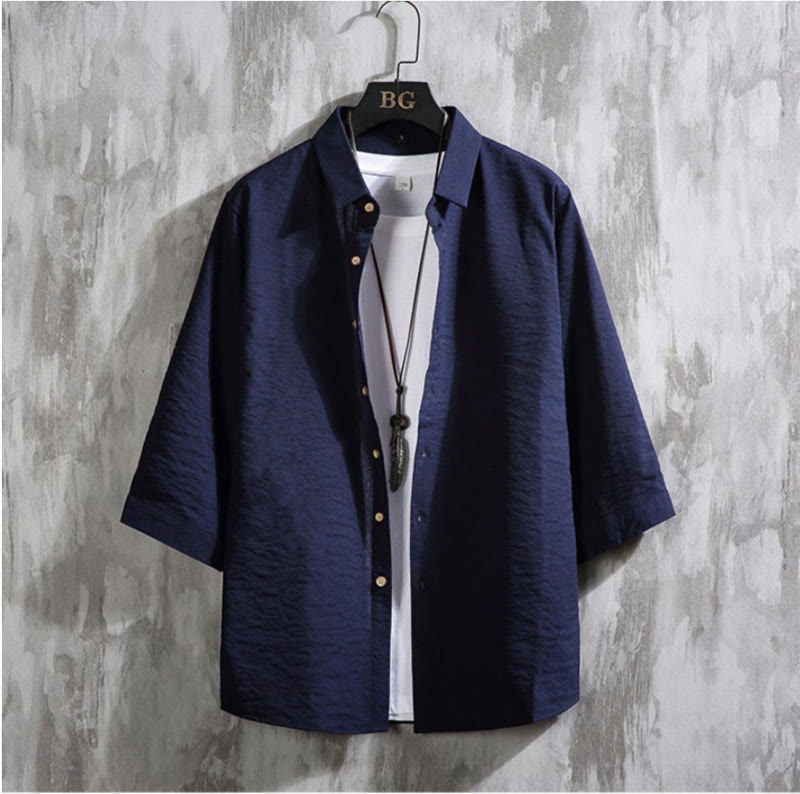 Buddha Stonesカジュアル 無地 フロントボタン 七分袖 メンズシャツ - ミッドナイトブルー - US/UK/AU50、 EU60 (7XL) - image 16