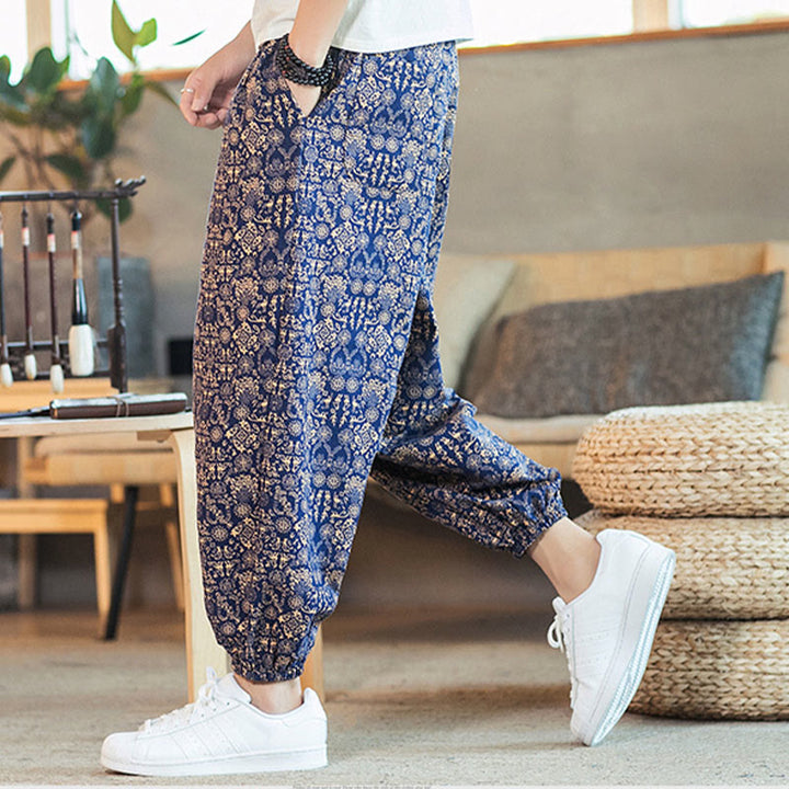 Buddha Stones模様の金色の曼荼羅柄、ドローストリング付きメンズハーレムパンツ（ポケット付き） - image 1