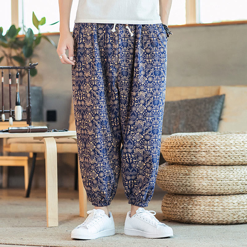 Buddha Stonesゴールデンマンダラ柄 コットンリネン ドローストリング メンズ ハーレムパンツ ポケット付き - image 5