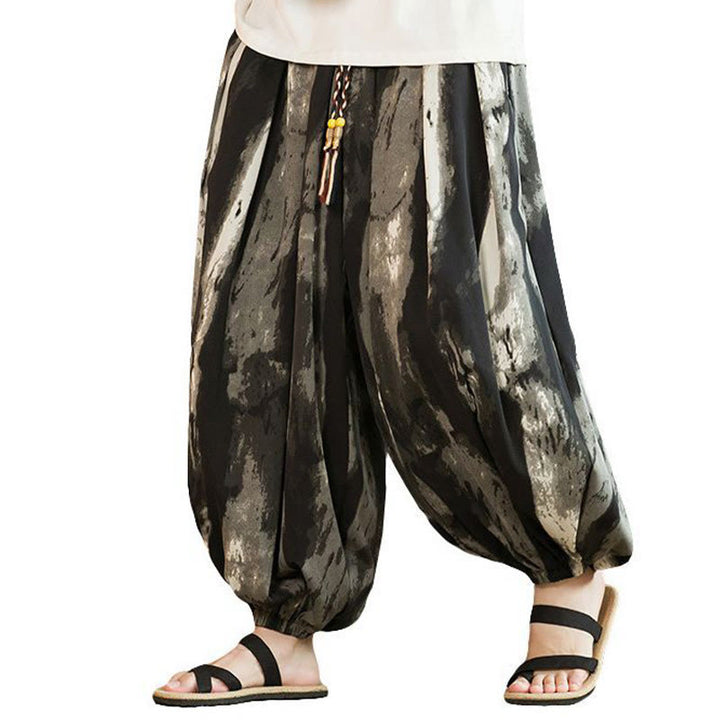 Buddha Stonesブラック ホワイト インク グラデーション コットン リネン 編み込み ドローストリング メンズ ハーレムパンツ ポケット付き - image 7