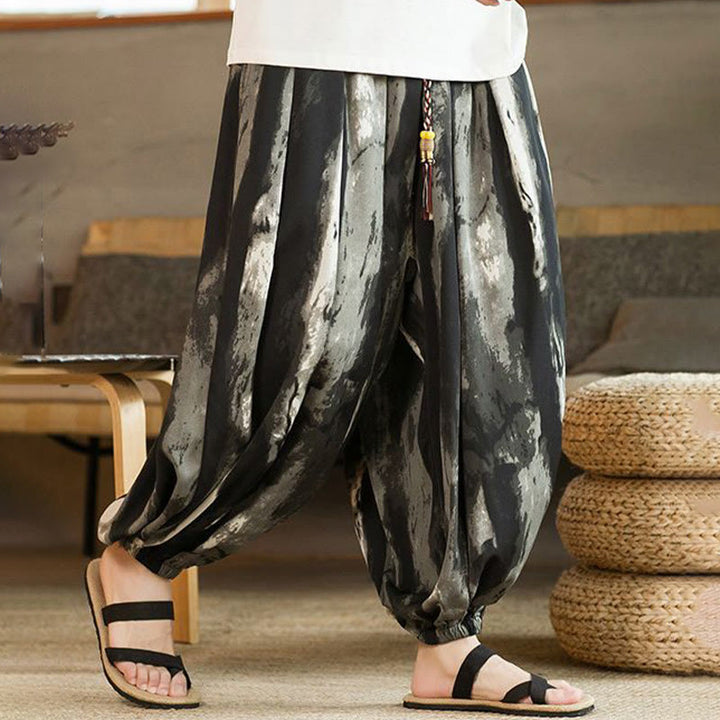 Buddha Stonesブラック ホワイト インク グラデーション コットン リネン 編み込み ドローストリング メンズ ハーレムパンツ ポケット付き - image 5